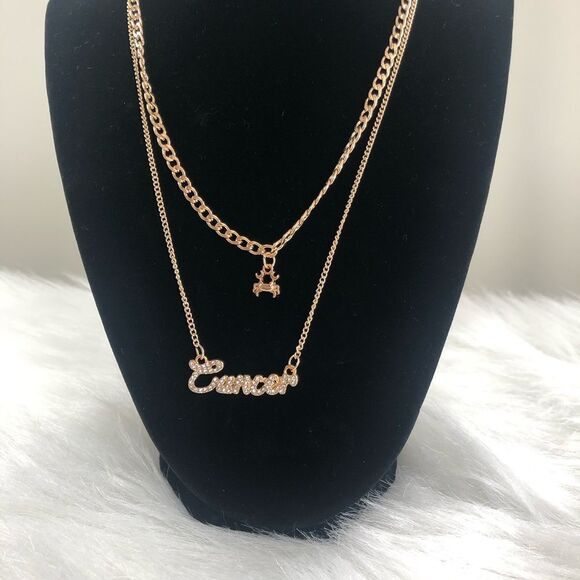 18 K Gold Plated Double Layer Diamond  Cancer Zodiac Sign Necklace - Picture 2 of 2
